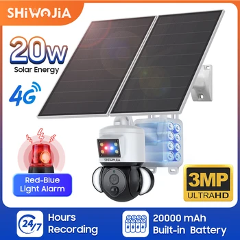 SHIWOJIA 3MP Solární Kamera 4G Sim 20W Solární Panel, Bezpečnostní Kamery, Anti-krádeže Siréna Alarm PIR s 20000mAh Baterie