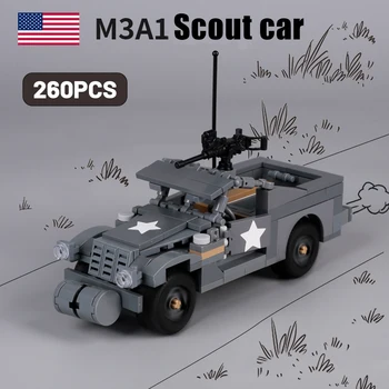 WW2 USA Vojenské Vozidlo M3A1 Scout Car Stavební Bloky Model Armády Bojiště Voják, Zbraň, Zbraň, Cihly Vzdělávací Hračky