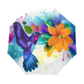 *Akvarel Kolibřík Cestovní Deštníky Krásný Pták, Květiny Skládací Déšť Deštník Větruodolný Kompaktní Lehký pro Dospělé Ženy