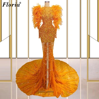 2 Styly Oranžové Třpytky Večerní Šaty Dlouhé Rukávy Formální Večerní Šaty Illusion Celebrity Šaty Vestido De Festa Luxo
