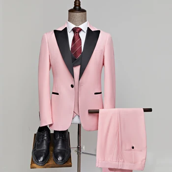Nový Muž Pink Sky Blue Navy Khaki Svatební Pánské Obleky Nastavit Mládenci Ženich Smokingu Formální Černé Sako Vesta Kalhoty 3ks