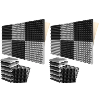 24 Pack Samolepící zvukotěsná Pěnové Panely 2X12X12 Inch Design Pyramidy Akustické Pěny,Pro Domácí Studio,Černá + Šedá