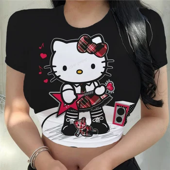 Y2k Retro Hello Kitty Tisk Krátký-Krátký rukáv Dámské Letní Gotické Streetwear Pupku Slim Fit Sexy Dívka T-shirt Topy