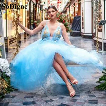 SoDigne Sky Blue Prom Šaty V Krku Gold Lace Tyl Svatební Party Šaty Jednoduché Formální Večerní Šaty 2021 župan večírek
