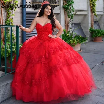 Červená Princezna Quinceañera Šaty Flitry Krajky Nášivky Sladké 16 Korzet Mexické Průvod Prom Party Plesové Šaty Vestido De 15