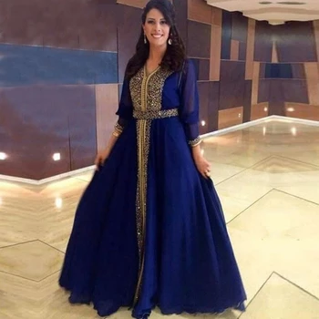Royal Blue Šifónové Večerní Šaty 2019 Dlouhé Rukávy Vintage Saúdsko-Arabský Muslim Červeném Koberci Formální Party Šaty se zlatými Korálky