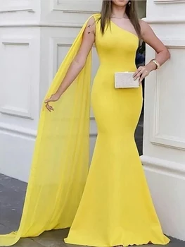 Jednoduché Žluté Jedno Rameno Mořská panna Plus Velikost Svatební Hosty Večerní Ples Šaty pro Nevěstu Zvláštní Příležitosti 2023
