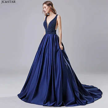 vestido de formatura longo nové satén korálkový sexy výstřih ALine tmavě modré plesové šaty luxusní večerní šaty vlastní abiti da míč