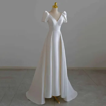 Bílé Saténové Svatební Nevěsta Maxi Šaty V-Neck Dlouhé Plesové Večerní Šaty Krátký Rukáv Party Šaty s hlubokým Výstřihem Hepburn Styl vestidos
