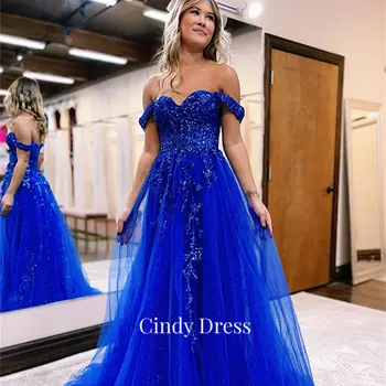 Cindy Flitry Modré Síťované Krajky, Výšivky, Srdíčko Korálky Plesové Šaty Formální Příležitosti Šaty Elegantní Party Ženy, Luxusní Dámské
