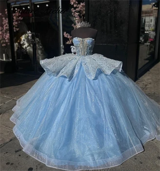 Nové V Modré Ruffels plesové Šaty Quinceanera Šaty Zářící Korálky Crystal Dlouhý Vlak Korzet Svatební Šaty Sweet 16 aqua quinceñe