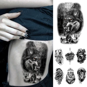 Vodotěsný Dočasné Tetování Nálepka Zvíře Zvíře, Medvěd, Vlk, Lev Kompas Tetování, Realistické Tělo Umění Rameno Falešné Tetování, Muži, Ženy
