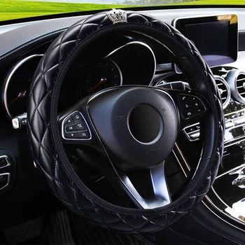 LEEPEE 37-38CM Průměr PU Kožené Crystal Crown Řízení Zahrnuje Auto Interiérové Doplňky Volant Kryt Auto-styling