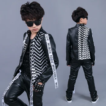 Chlapecké bubnu model chůze show, street oblečení korejský Pu kůže flitry stuhou bunda kalhoty suit děti oblečení