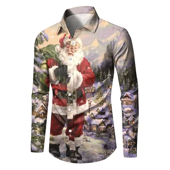 Pánské Vánoční trička Navidad tričko Santa-Claus Topy Pánské dovolené tričko s Motivem Full-tisk klopě-neck s dlouhým rukávem Košile 